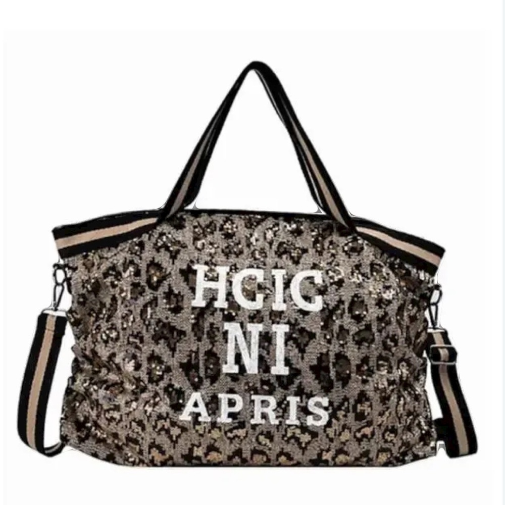 Black and Cream Tote Gym Bag with Animal Print